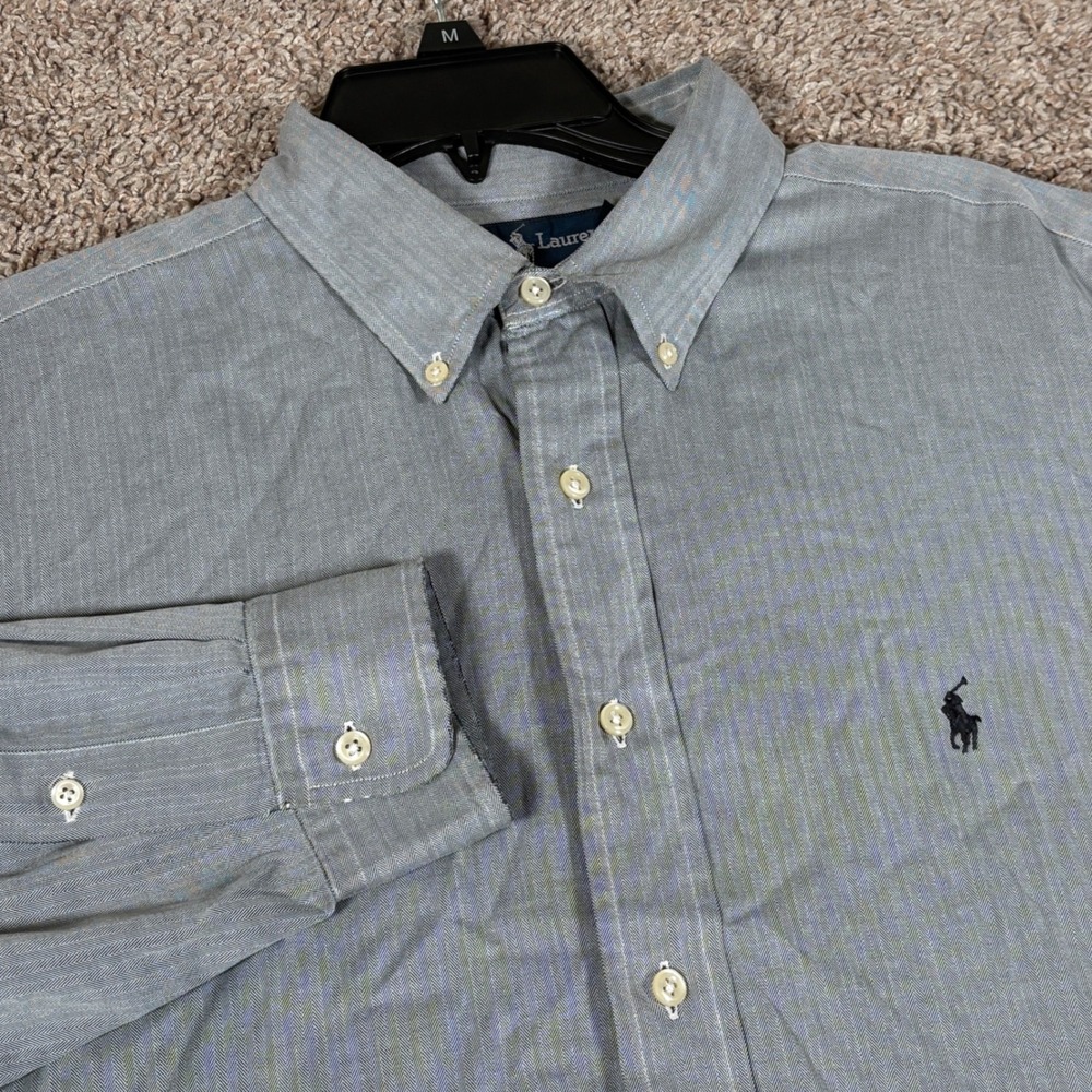 Ralph Lauren Yarmouth Mens 17 34/35 Grey Herringbone Cotton Button Down Shirt